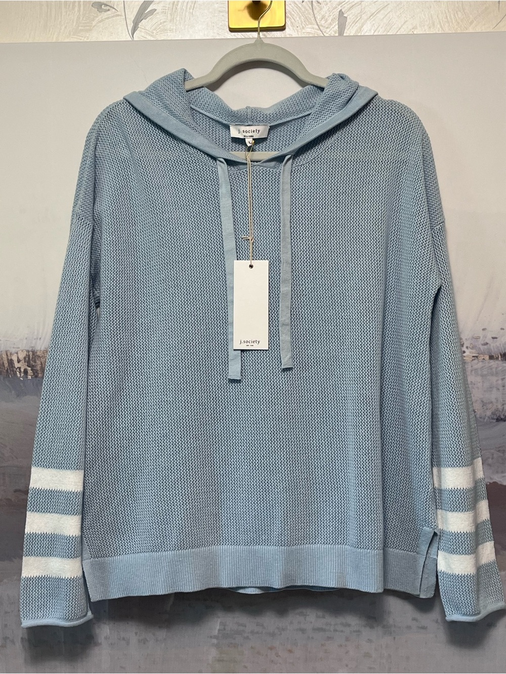 J SOCIETY Bree Mesh Hoodie Striped Drawstring Neck NWT 2651 Baby Blue Size L
